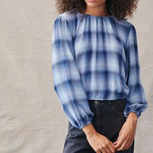 NWT - Bella Dahl - Elastic Shirred Top - Indigo Heather Plaid